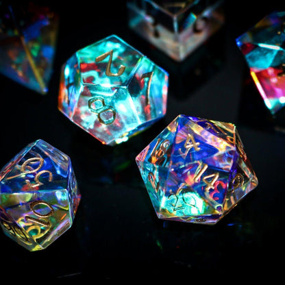 Hand Carved Gemstone Dichroic Glass Polyhedral Dice Set with Box