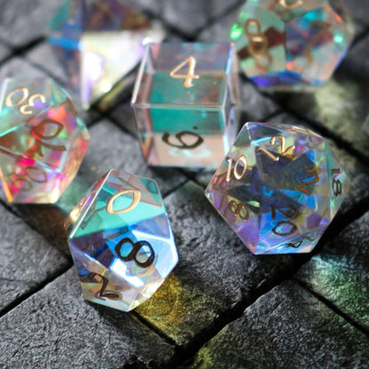 Hand Carved Gemstone Dichroic Glass Polyhedral Dice Set with Box