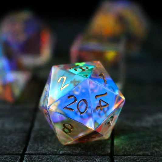 Hand Carved Gemstone Dichroic Glass Polyhedral Dice Set with Box