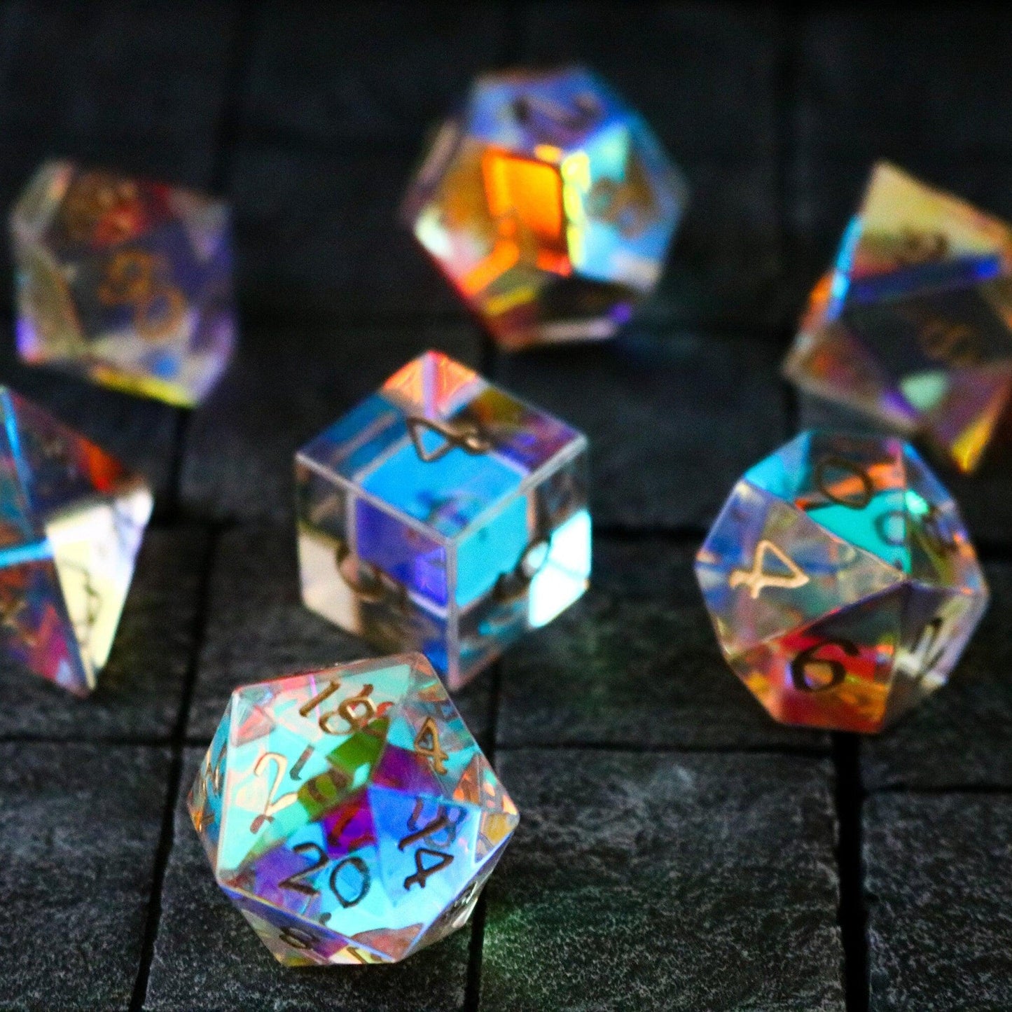 Hand Carved Gemstone Dichroic Glass Polyhedral Dice Set with Box