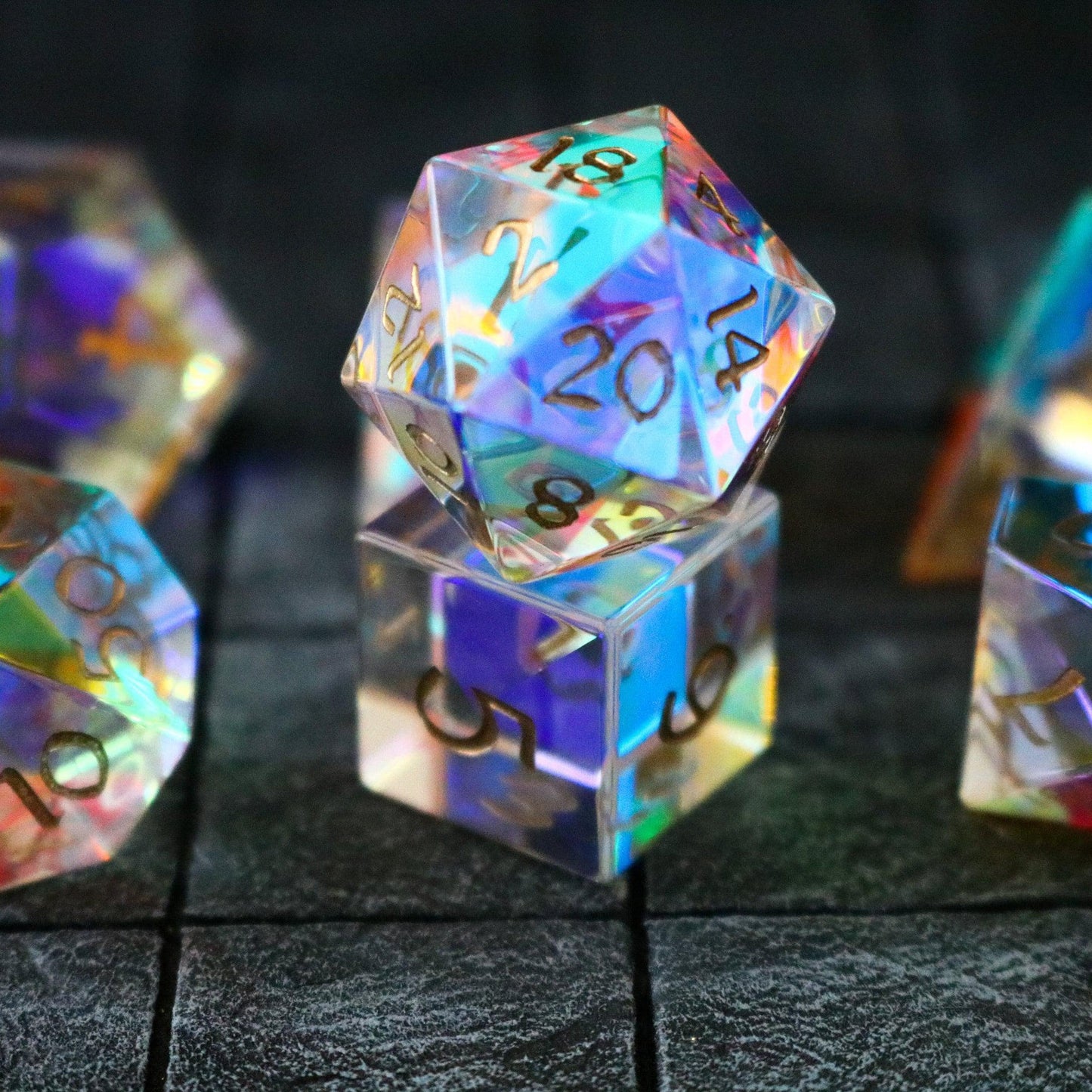Hand Carved Gemstone Dichroic Glass Polyhedral Dice Set with Box
