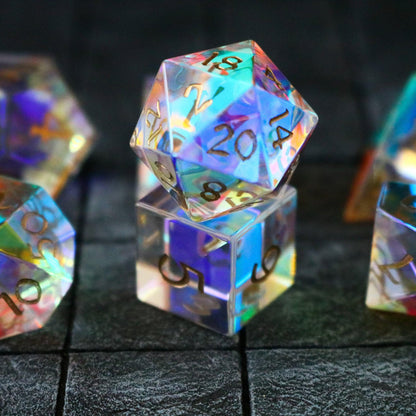 Hand Carved Gemstone Dichroic Glass Polyhedral Dice Set with Box