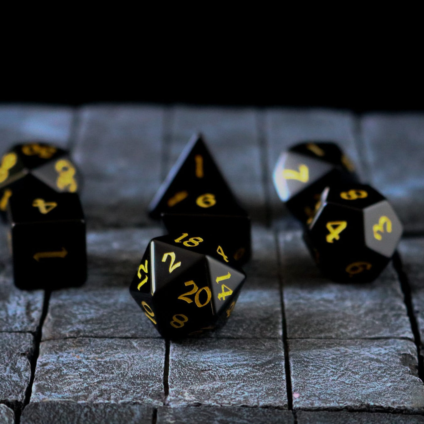 Gemstone Black Night Obsidian Hand Carved Polyhedral Dice (And Box) Dice Set