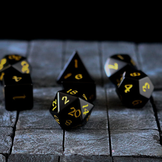 Gemstone Black Night Obsidian Hand Carved Polyhedral Dice (And Box) Dice Set