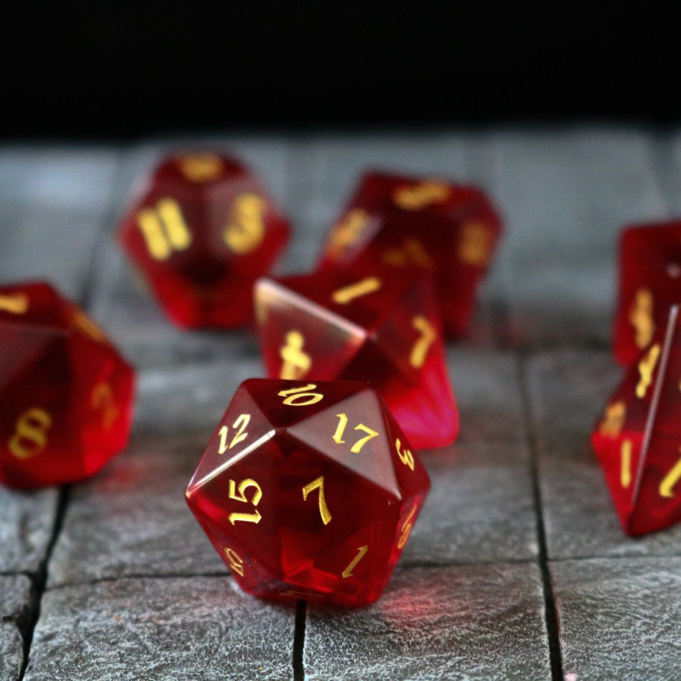 Hand Carved  Blood Red Zircon Glass (And Box) Polyhedral Dice Set