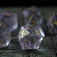 Hand Carved  Purple Zircon Glass (And Box) Polyhedral Dice Set