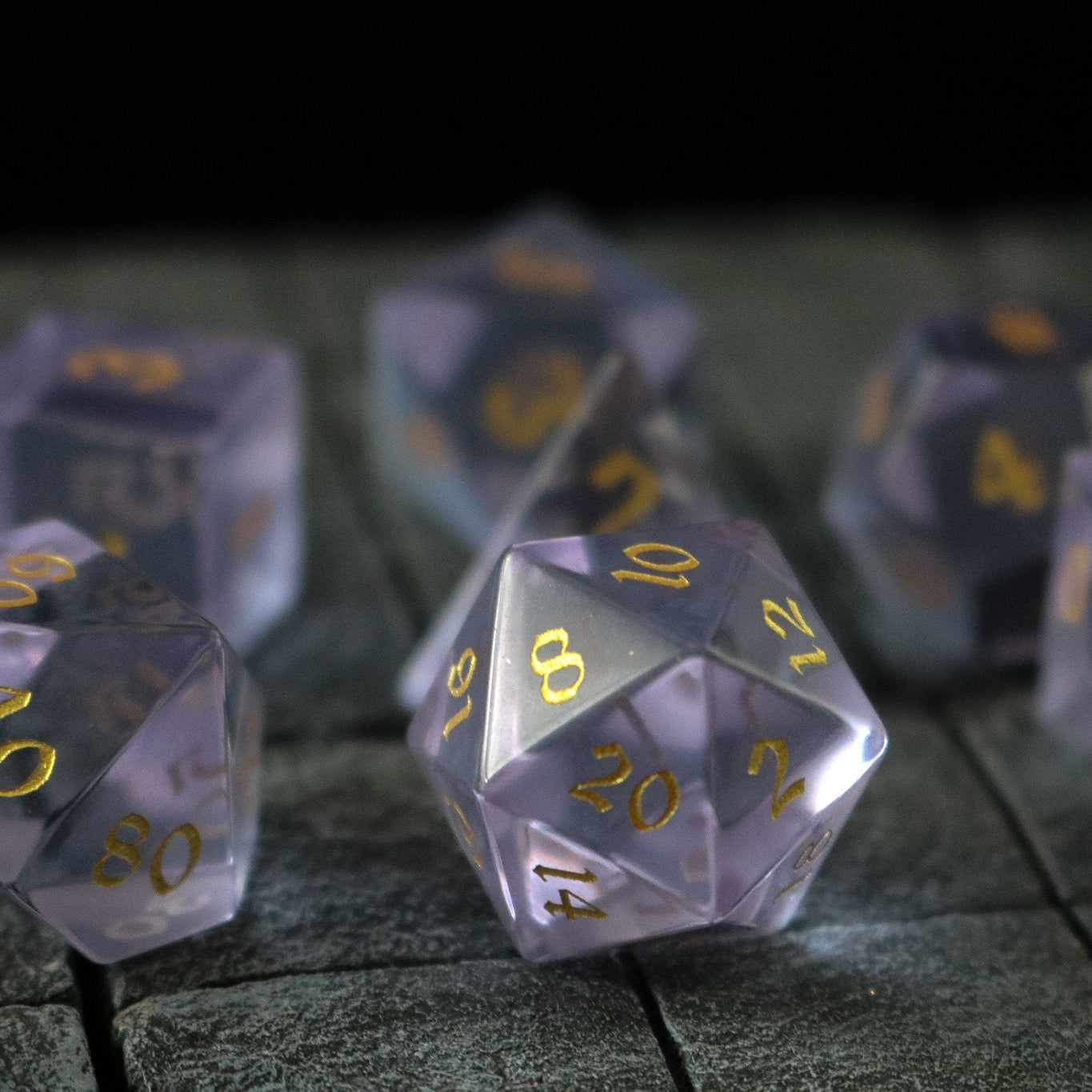 Hand Carved  Purple Zircon Glass (And Box) Polyhedral Dice Set