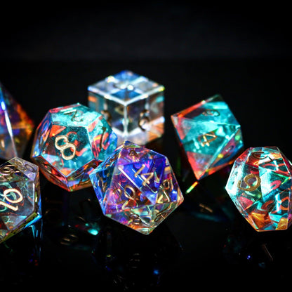 Hand Carved Gemstone Dichroic Glass Polyhedral Dice Set with Box