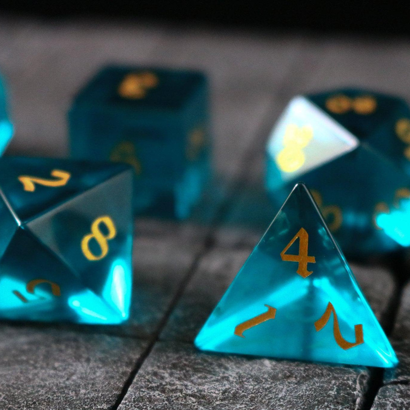 Hand Carved  Green Zircon Glass (And Box) Polyhedral Dice Set