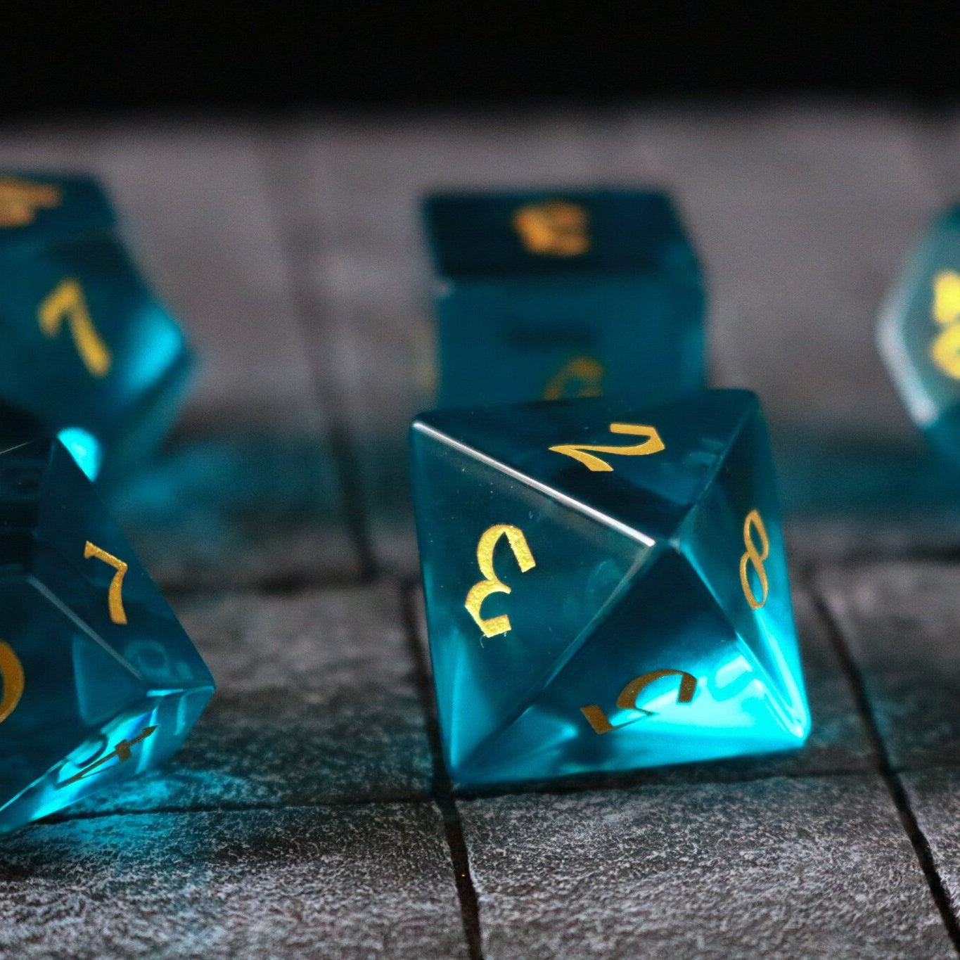 Hand Carved  Green Zircon Glass (And Box) Polyhedral Dice Set