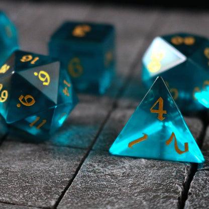 Hand Carved  Green Zircon Glass (And Box) Polyhedral Dice Set
