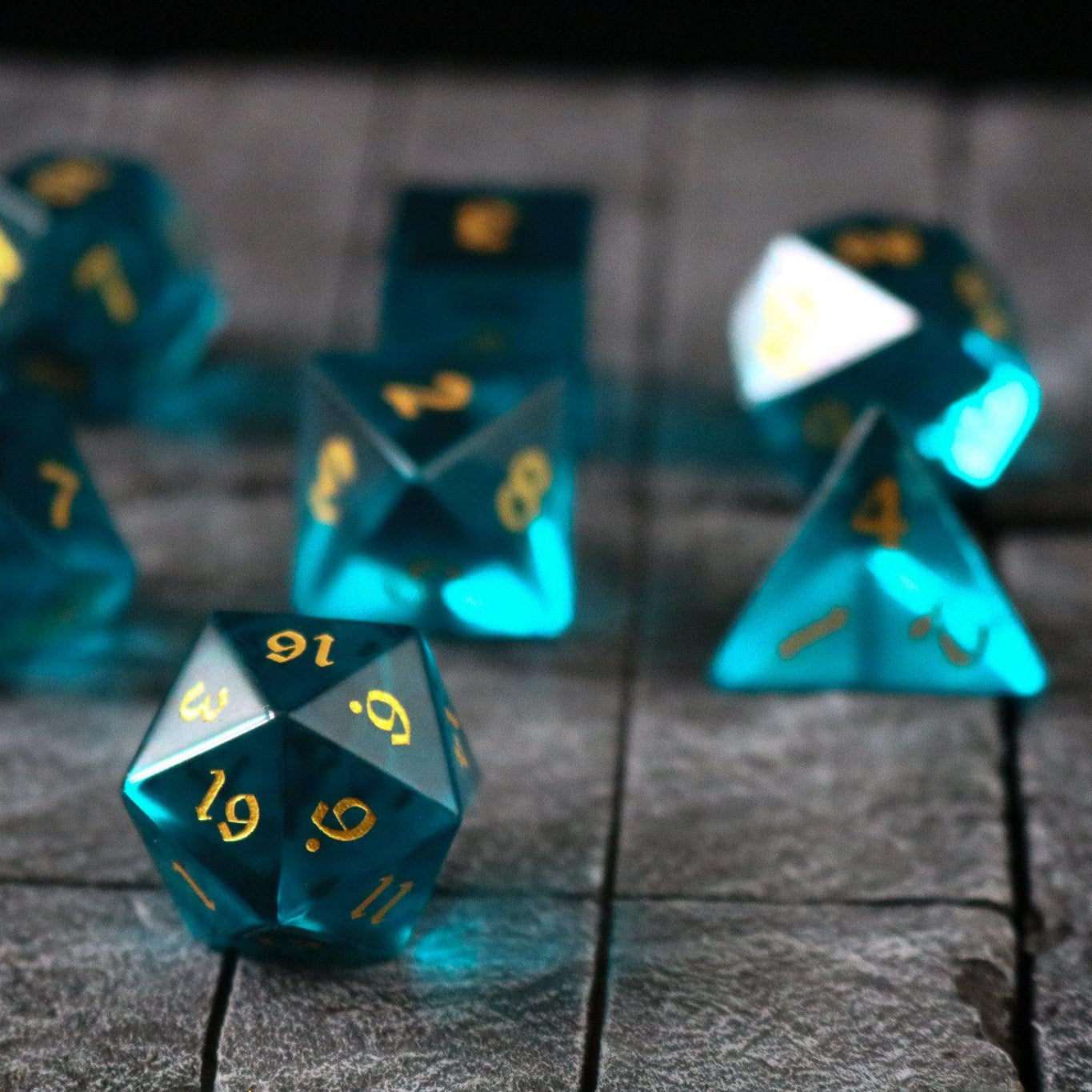 Hand Carved  Green Zircon Glass (And Box) Polyhedral Dice Set