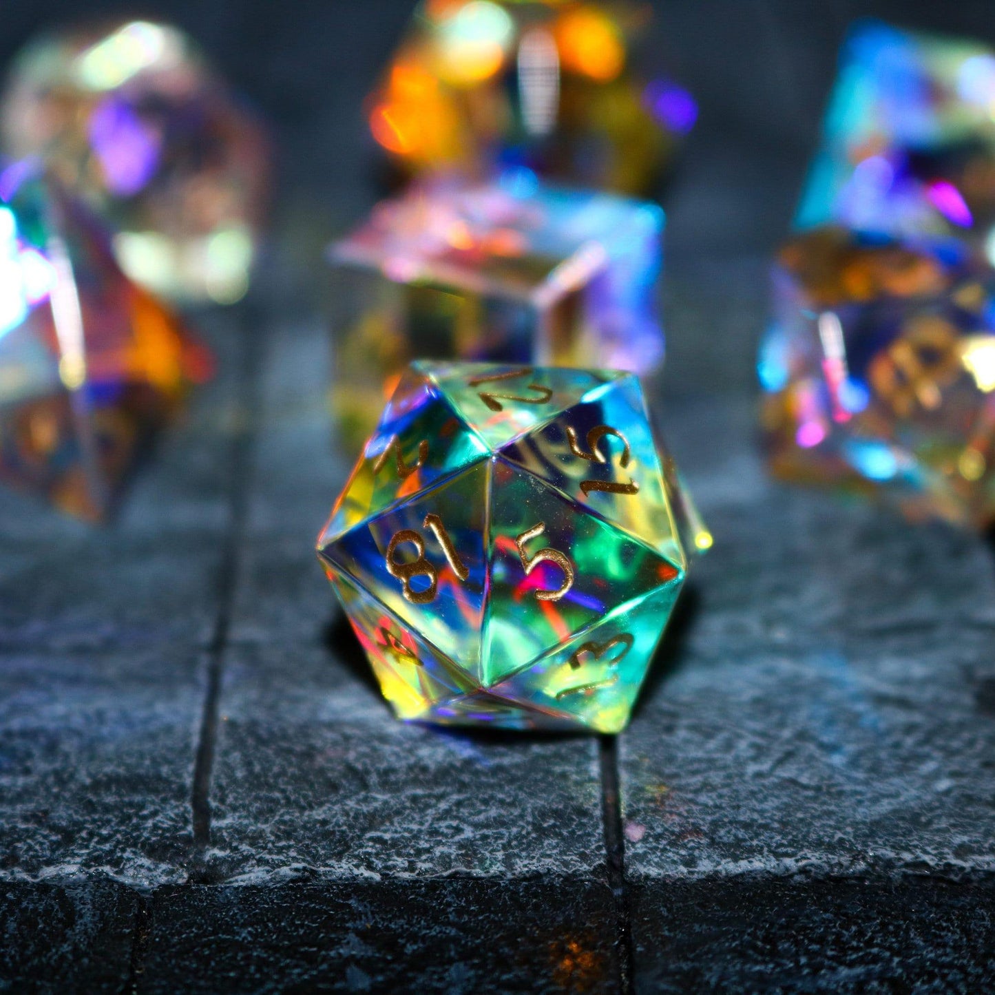 Hand Carved Gemstone Dichroic Glass Polyhedral Dice Set with Box