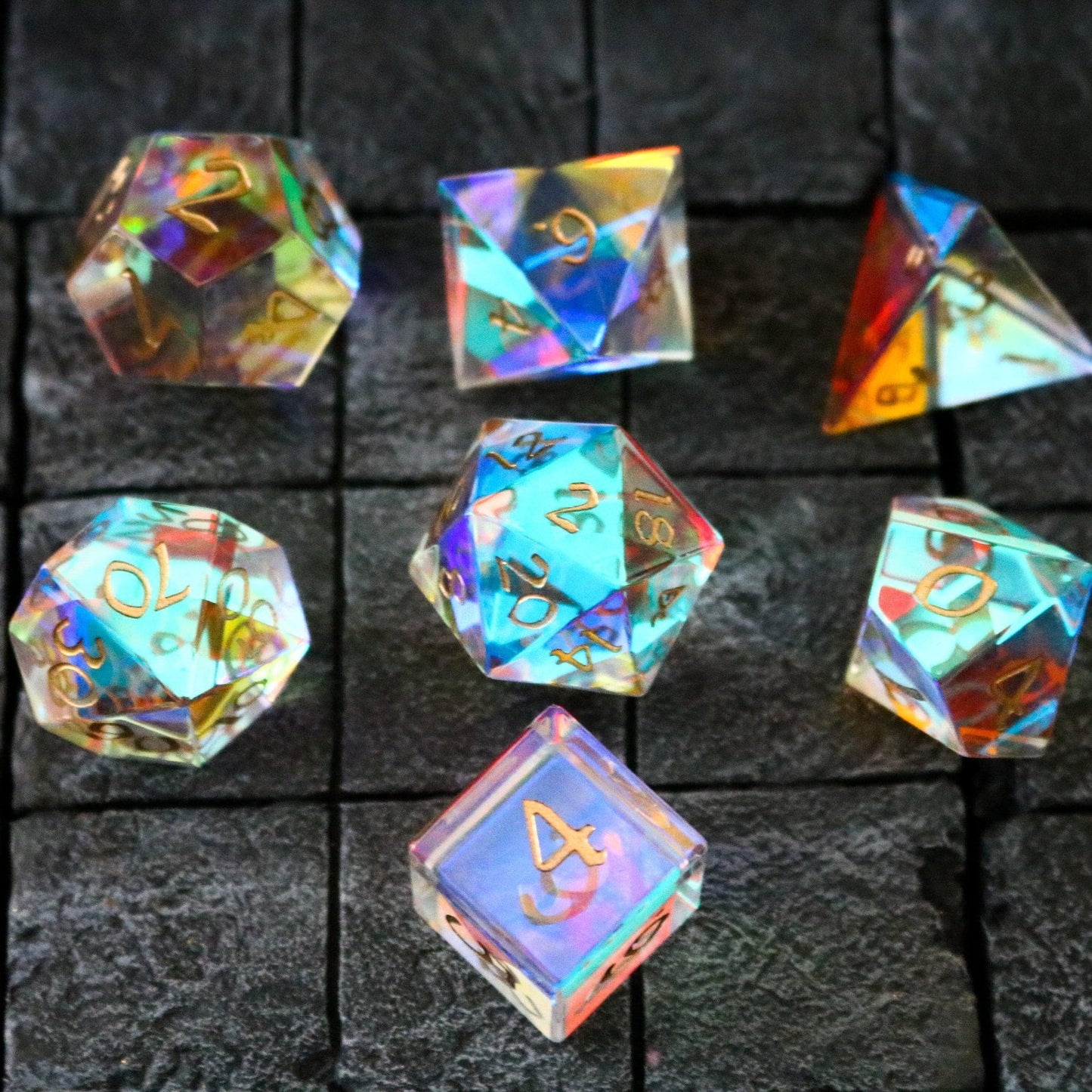 Hand Carved Gemstone Dichroic Glass Polyhedral Dice Set with Box