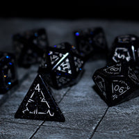 Set Of  Dragon Shield Gemstone Blue Sandstone Silver Font (And Box) Polyhedral Dice Dice Set