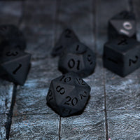 Gemstone Black Night Raised Obsidian Hand Carved Polyhedral Dice (And Box) DND Set