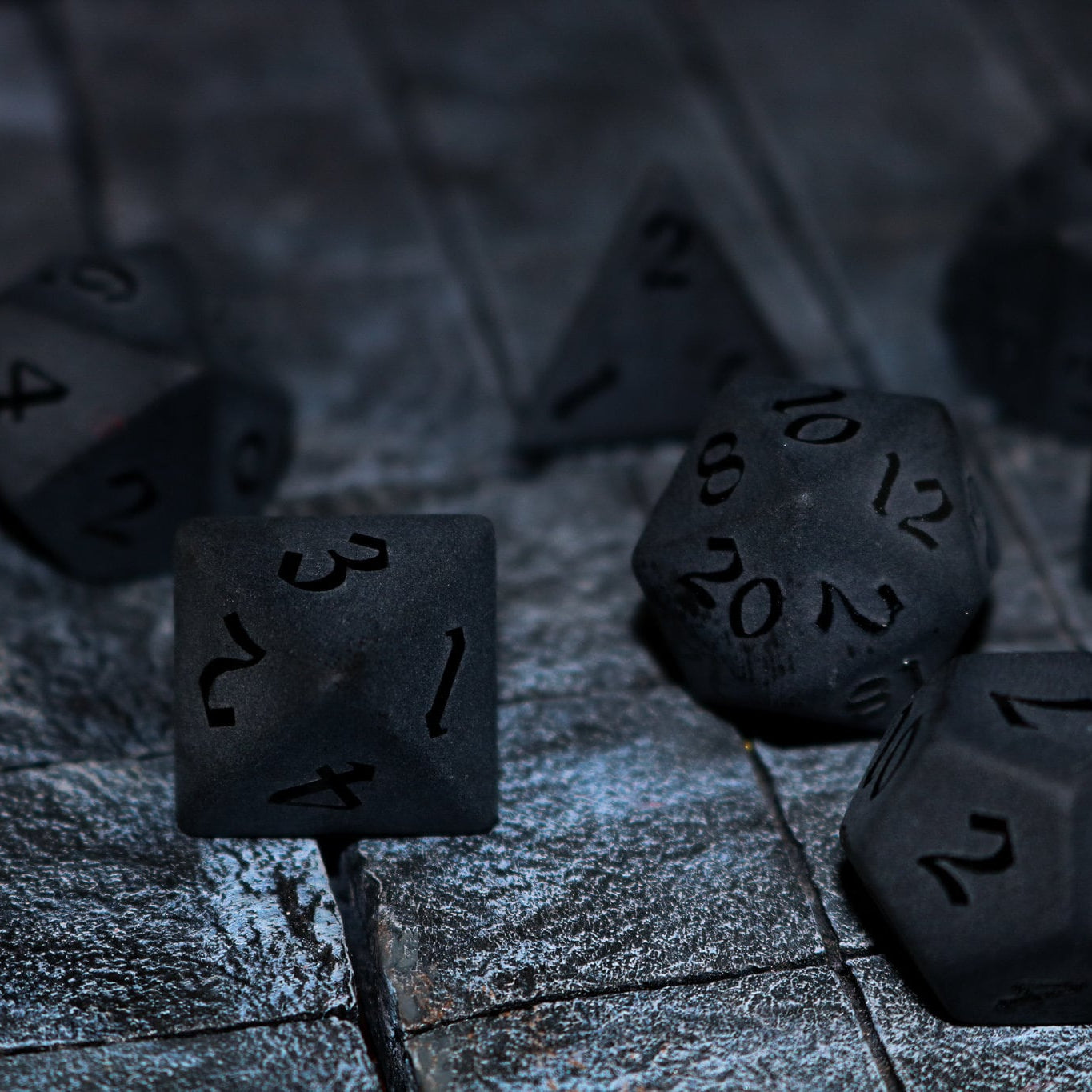 Gemstone Black Night Raised Obsidian Hand Carved Polyhedral Dice (And Box) DND Set
