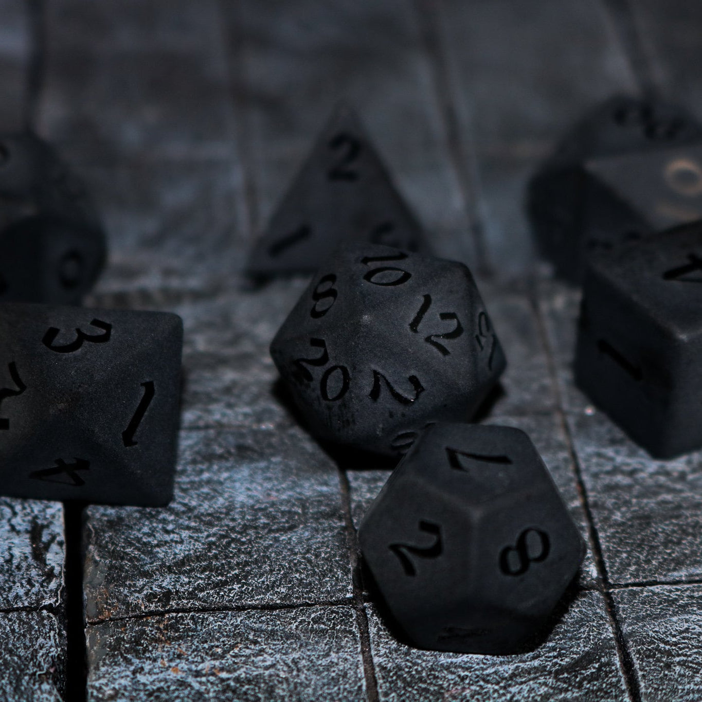 Gemstone Black Night Raised Obsidian Hand Carved Polyhedral Dice (And Box) DND Set