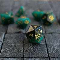 Hand Carved Gemstone Dark Green Cats Eye Stone (And Box) Polyhedral Dice Set