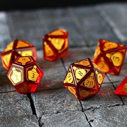 Health Potion Red Zircon Glass (And Box) Polyhedral Dice Set