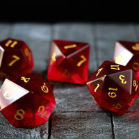 Hand Carved  Blood Red Zircon Glass (And Box) Polyhedral Dice Set