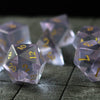 Hand Carved  Purple Zircon Glass (And Box) Polyhedral Dice Set