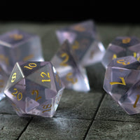 Hand Carved  Purple Zircon Glass (And Box) Polyhedral Dice Set