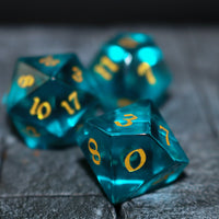 Hand Carved  Green Zircon Glass (And Box) Polyhedral Dice Set