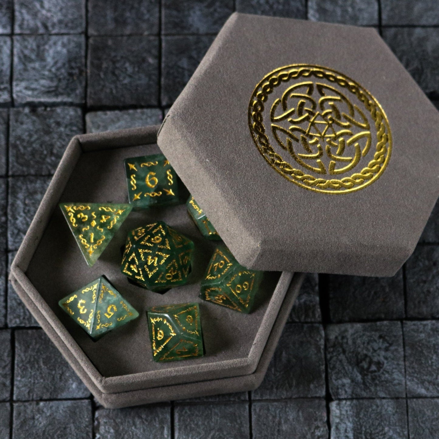 Vine Spike Green Fluorite Gemstone Dice (With Box) Dice Set