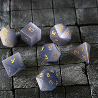 Hand Carved  Gemstone Gray Cats Eye Stone (And Box) Polyhedral Dice Set