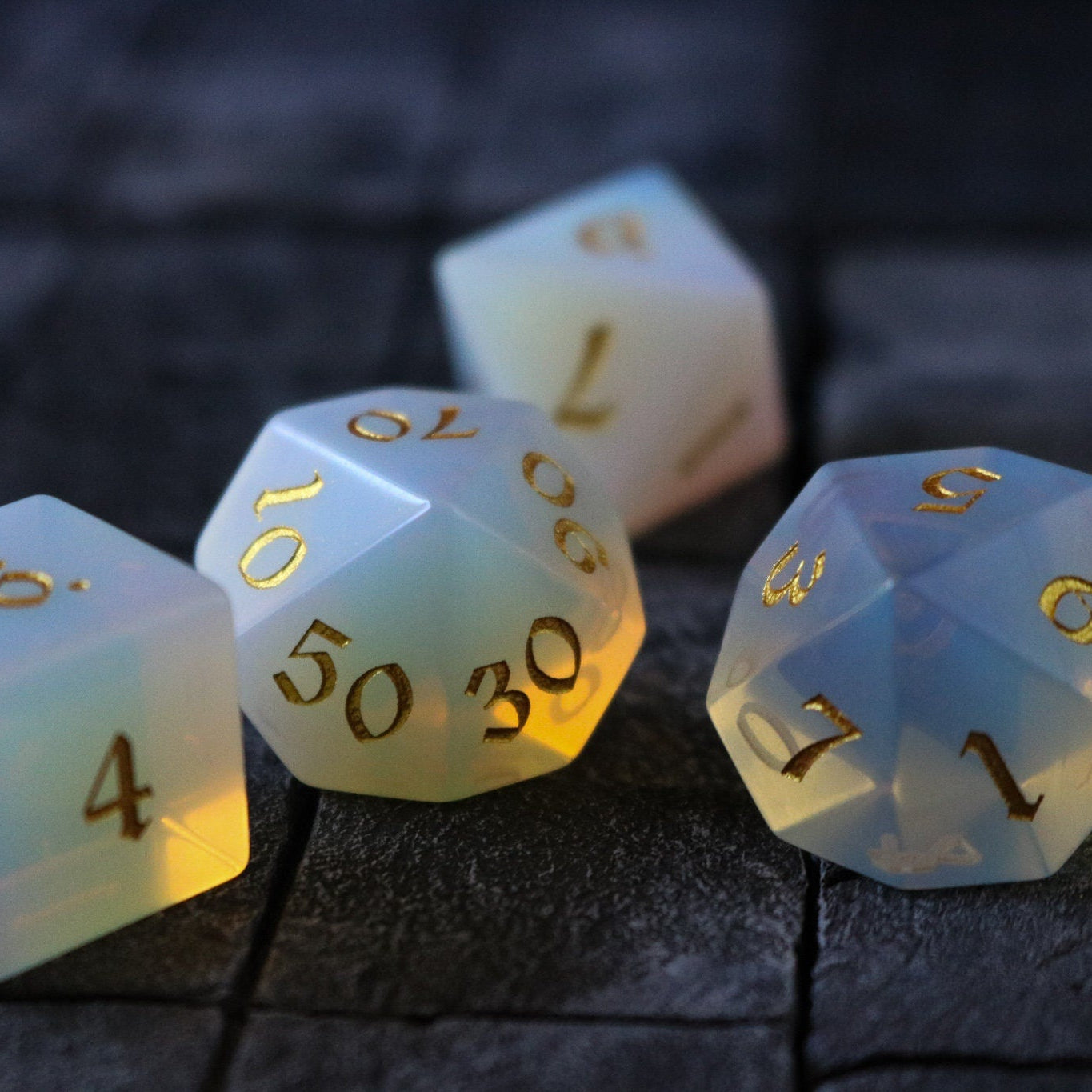 Gemstone Opalite (Gold Font) Hand Carved Polyhedral Dice (And Box) Dice Set