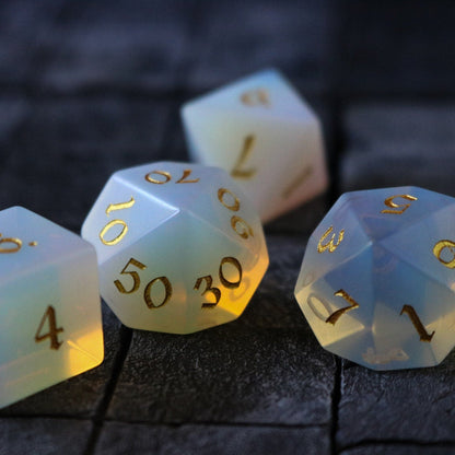 Gemstone Opalite (Gold Font) Hand Carved Polyhedral Dice (And Box) Dice Set