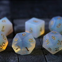 Gemstone Opalite (Gold Font) Hand Carved Polyhedral Dice (And Box) Dice Set