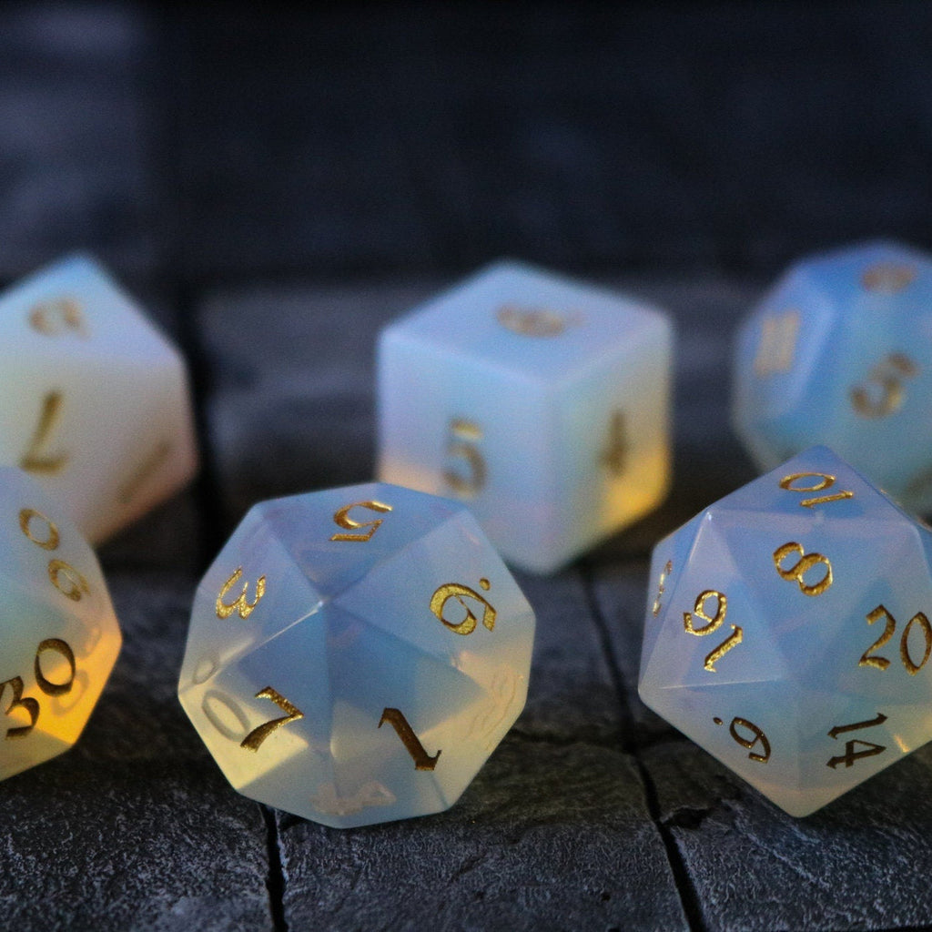 Gemstone Opalite (Gold Font) Hand Carved Polyhedral Dice (And Box) Dice Set