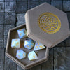 Gemstone Opalite (Gold Font) Hand Carved Polyhedral Dice (And Box) Dice Set