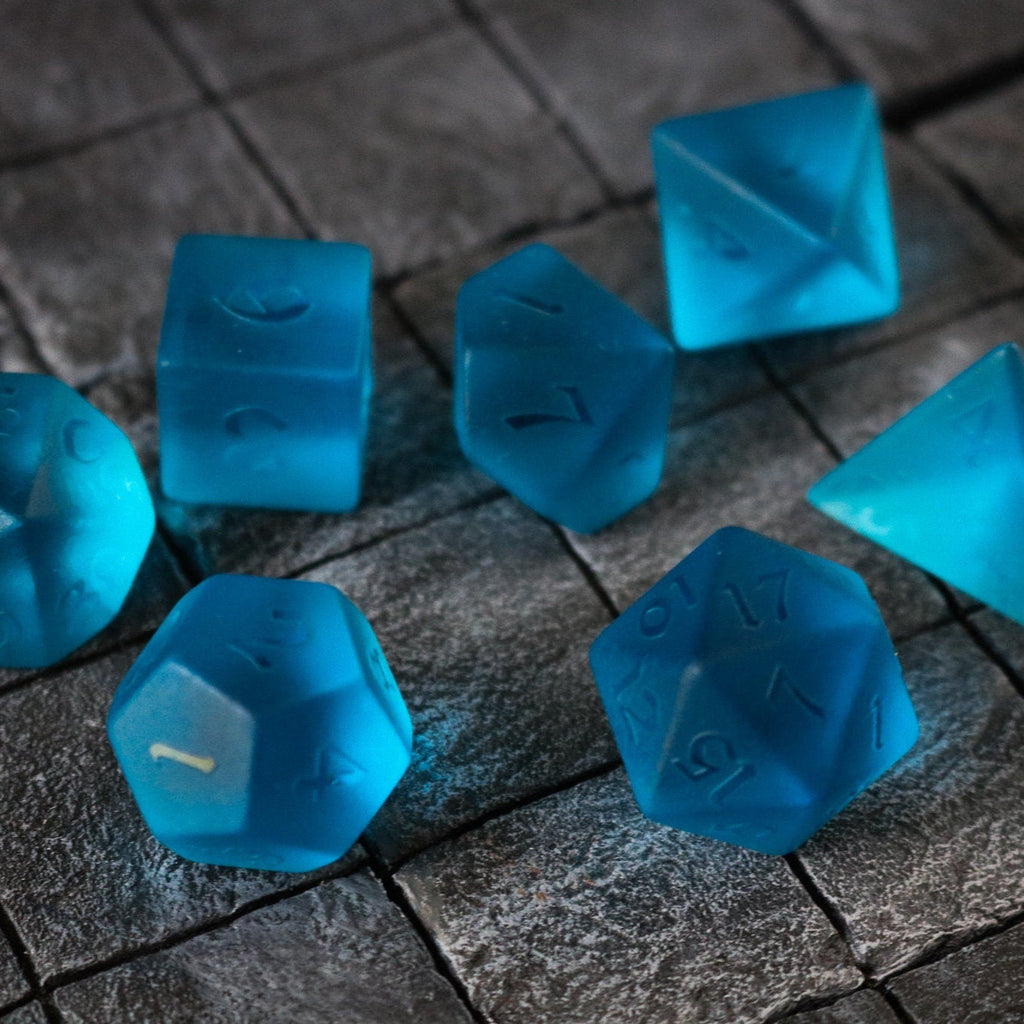 Hand Carved  Blue Zircon Glass (And Box) Polyhedral Dice Set
