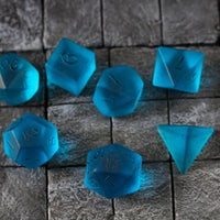 Hand Carved  Blue Zircon Glass (And Box) Polyhedral Dice Set