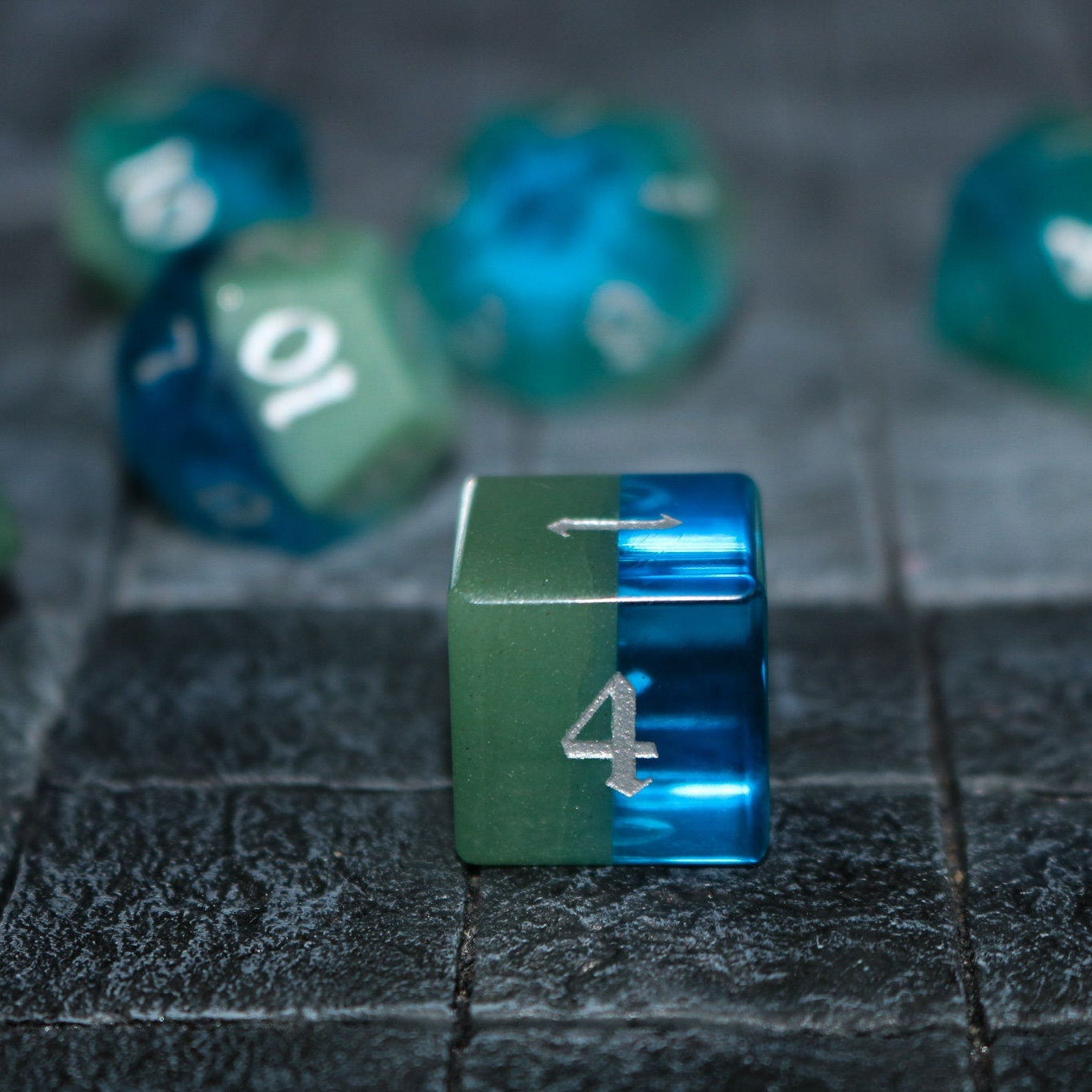 Hand Carved Synthetic Gemstone Two Tone Blue/Green (And Box) Polyhedral Dice Set