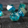 Hand Carved Synthetic Gemstone Two Tone Blue/Green (And Box) Polyhedral Dice Set