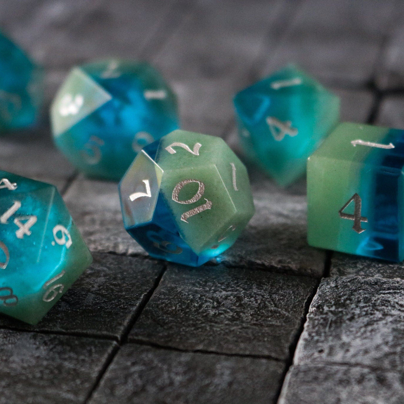Hand Carved Synthetic Gemstone Two Tone Blue/Green (And Box) Polyhedral Dice Set