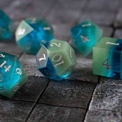 Hand Carved Synthetic Gemstone Two Tone Blue/Green (And Box) Polyhedral Dice Set