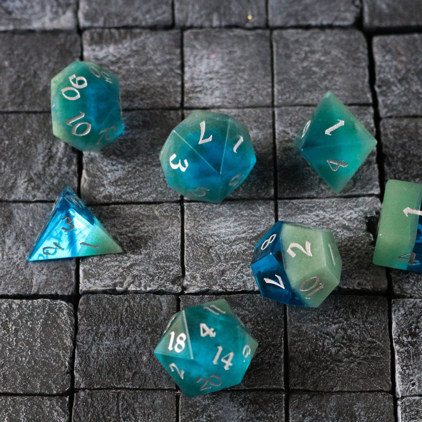 Hand Carved Synthetic Gemstone Two Tone Blue/Green (And Box) Polyhedral Dice Set