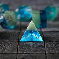 Hand Carved Synthetic Gemstone Two Tone Blue/Green (And Box) Polyhedral Dice Set