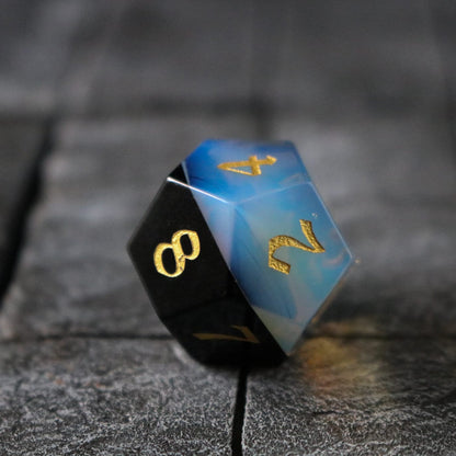 Hand Carved Two Tone White/Black Synthetic Gemstone (And Box) Polyhedral Dice Set