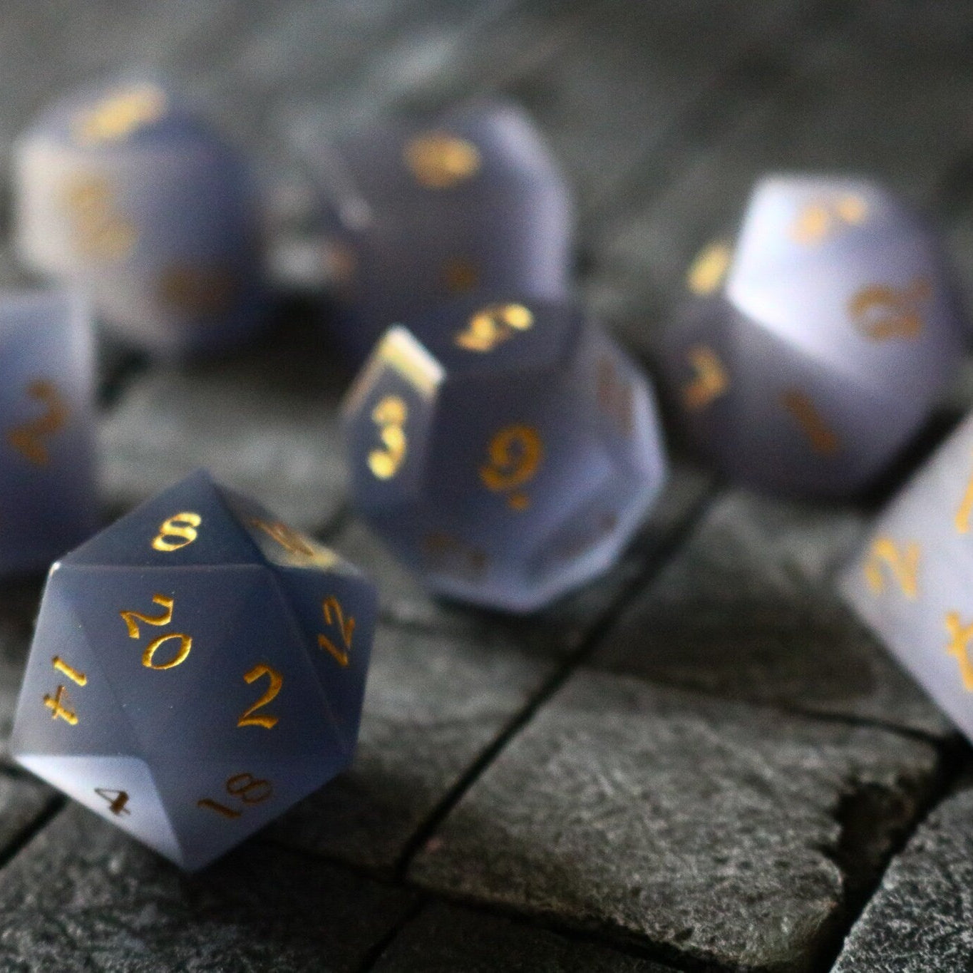 Hand Carved  Gemstone Gray Cats Eye Stone (And Box) Polyhedral Dice Set