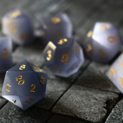 Hand Carved  Gemstone Gray Cats Eye Stone (And Box) Polyhedral Dice Set