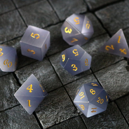 Hand Carved  Gemstone Gray Cats Eye Stone (And Box) Polyhedral Dice Set