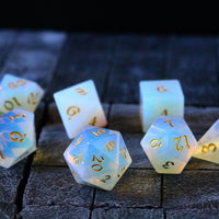 Gemstone Opalite (Gold Font) Hand Carved Polyhedral Dice (And Box) Dice Set
