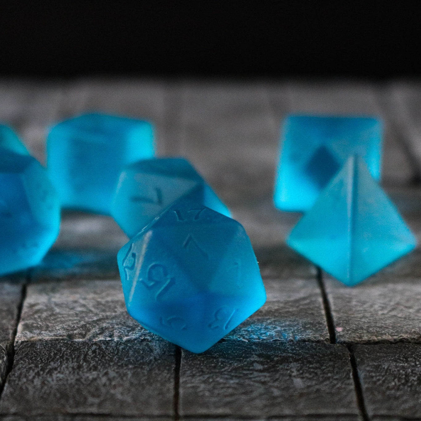 Hand Carved  Blue Zircon Glass (And Box) Polyhedral Dice Set