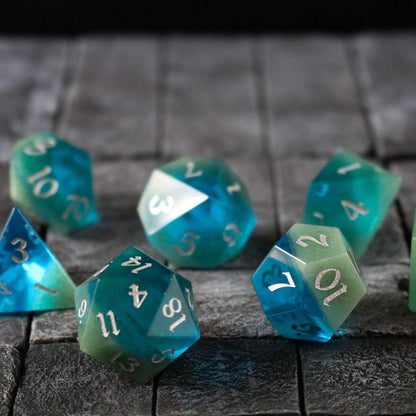 Hand Carved Synthetic Gemstone Two Tone Blue/Green (And Box) Polyhedral Dice Set